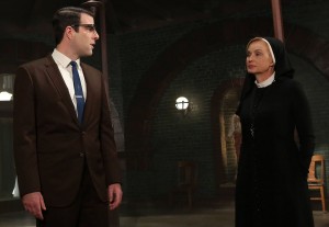 AMERICAN HORROR STORY I Am Anne Frank, Pt. 2 -- Episode 205 (Airs Wednesday, November 14, 10:00 pm e/p) -- Pictured: (L-R) Zachary Quinto as Dr. Oliver Thredson, Jessica Lange as Sister Jude -- CR: Byron Cohen/FX